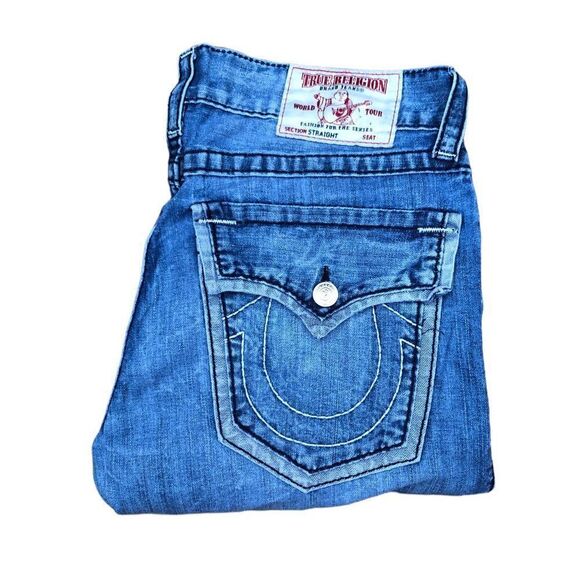 Rare True Religion Jeans Size 34 STRAIGHT FLAP OUTLINE MIDNIGHT BLUE - Picture 1 of 8